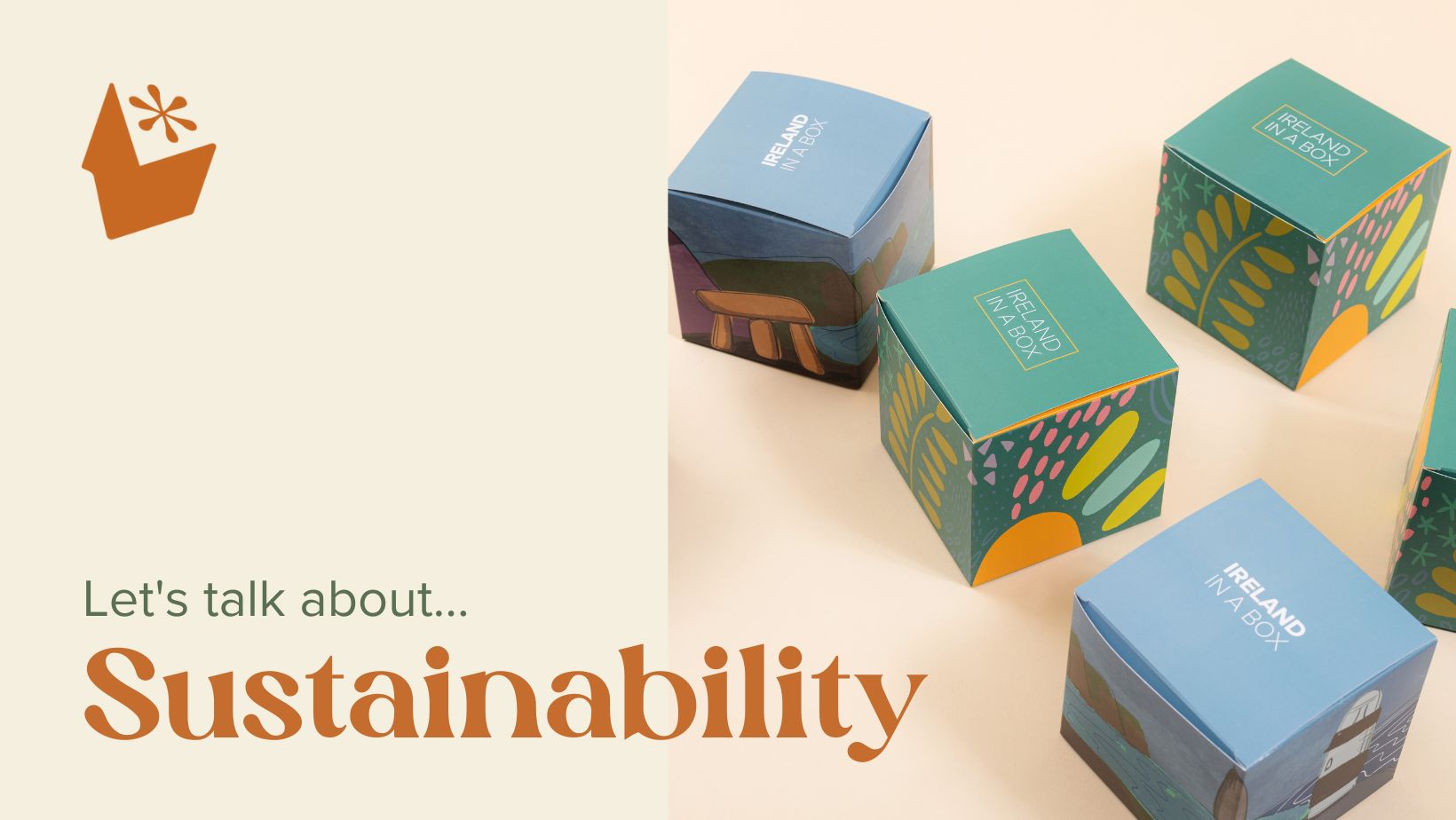 A colourful collection of square conference and event gift box. Each gift box has 'Ireland in a Box' on its lid.