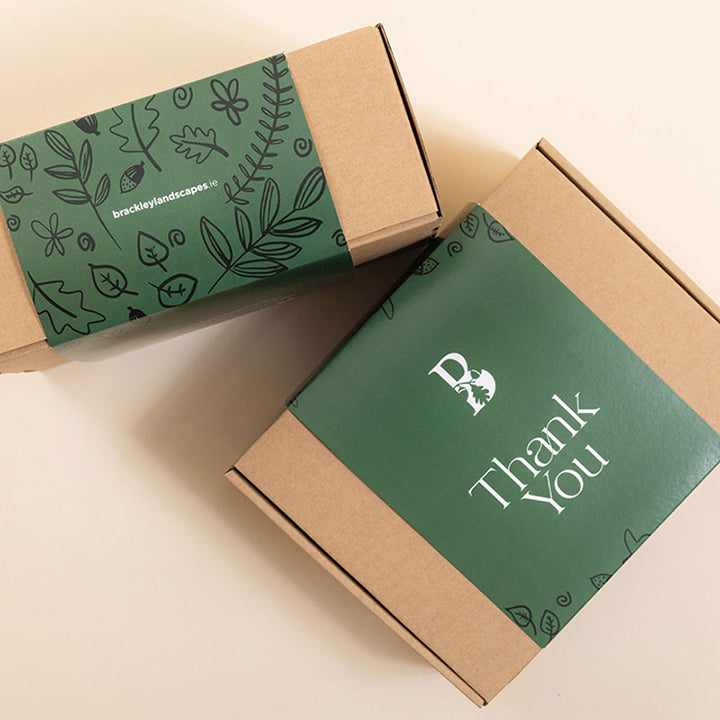Two kraft gift boxes were photographed overhead. Each gift box has a green box sleeve with darker green leaves and the text 'Thank You' in white.